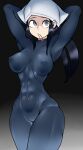  1girl akari_(pokemon) arms_up blue_bodysuit blue_hair bodysuit closed_mouth covered_navel covered_nipples dark_blue_hair eyelashes gradient gradient_background grey_eyes highres long_eyelashes long_hair mouth_hold pani pokemon pokemon_(game) pokemon_legends:_arceus skin_tight solo turtleneck 