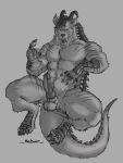  4_toes 5_fingers animal_genitalia anthro balls big_balls big_penis claws dragon feet fingers genitals hair hi_res horn huge_balls huge_penis hyaenid hybrid knot madboart male mammal monochrome muscular muscular_anthro muscular_male parkerhd penis scales sheath simple_background solo toes 