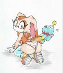  ambiguous_gender butt chao_(sonic) cheese_the_chao clothed clothing clothing_lift cream_the_rabbit dress dress_lift female hi_res lagomorph larger_female leporid mammal panties rabbit sega size_difference sonic_the_hedgehog_(series) underwear vampiricpig 