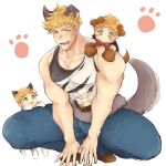  1boy abs animal_ears bangs bara belt black_tank_top blonde_hair blue_pants blush brown_belt chibi child dog_boy dog_ears dog_tail green_eyes large_pectorals looking_at_viewer male_child male_focus muscular muscular_male navel official_alternate_costume open_mouth pants pectorals sat_0804 shirt short_hair smile squatting tail tank_top torn_clothes torn_shirt undercut vane_(granblue_fantasy) vane_(halloween)_(granblue_fantasy) white_shirt wolf_boy wolf_ears wolf_tail 