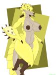  absurd_res anthro areola artist_name big_breasts breasts brown_areola capcom claws dragon female genitals glistening glistening_body gold_rathian hi_res monster_hunter multicolored_body navel orange_eyes pussy rath_wyvern rathian signature simple_background solo spikes toe_claws unregistereduser video_games wide_hips wings wyvern 