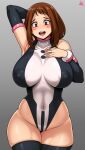  1girl absurdres adapted_costume arm_behind_head arm_up armpits artist_name bangs black_legwear black_leotard blush_stickers boku_no_hero_academia breasts brown_eyes brown_hair commentary covered_collarbone covered_navel covered_nipples cowboy_shot detached_sleeves grey_background groin hand_on_own_chest hand_up highleg highleg_leotard highres jmg large_breasts leotard looking_at_viewer medium_hair open_mouth shiny shiny_hair smile solo thick_thighs thighs turtleneck_leotard uraraka_ochako white_leotard wide_hips 