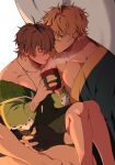  2boys bags_under_eyes bite_mark black_gloves blonde_hair blush closed_eyes cup eiden_(nu_carnival) fingerless_gloves gloves green_jacket hickey highres holding holding_cup hug jacket jaksam05 jewelry large_pectorals light_brown_hair long_sleeves looking_at_another male_focus multiple_boys naked_jacket necklace nipples nu_carnival off_shoulder orange_eyes pectorals quincy_(nu_carnival) short_hair sitting yaoi 