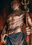  1boy abs arm_tattoo black_nails chest_tattoo collarbone ear_piercing extra_arms extra_eyes extra_mouth facial_tattoo highres holding holding_polearm holding_weapon jujutsu_kaisen male_focus muscular muscular_male nail_polish navel nipples open_mouth pectorals piercing polearm red_hair ryoumen_sukuna_(jujutsu_kaisen) serious short_hair shoulder_tattoo skirt solo spear stomach tattoo teeth tongue tongue_out topless_male weapon woshihedawei 