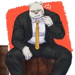  1boy animal_ears bara barrel bear_boy bear_ears black_suit bulge clenched_teeth collared_shirt feet_out_of_frame formal furry furry_male looking_at_viewer male_focus muscular muscular_male necktie odd_taxi pectorals scar scar_on_cheek scar_on_face sekiguchi_(odd_taxi) shirt sitting solo suit sunglasses teeth white_fur yellow_necktie zoku_bu 