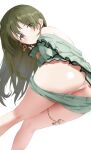  1girl :&lt; ass ass_focus back bangs bare_shoulders bent_over blush closed_mouth clothes_pull earrings eyebrows_visible_through_hair frilled_shirt frills frown go_(mumuke) green_eyes green_hair green_shirt green_shorts idolmaster idolmaster_shiny_colors jewelry long_hair long_sleeves looking_at_viewer looking_back nanakusa_nichika panties pantyshot puffy_long_sleeves puffy_sleeves shirt short_shorts shorts shorts_pull simple_background solo sweatdrop thigh_strap thighs thong underwear white_background white_panties 