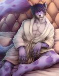  2022 5_fingers abs anthro black_hair clothed clothing digital_media_(artwork) felid feline fingers fur hair hi_res male mammal purple_body purple_fur solo sunnyowi 