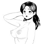  1girl arm_up blush breasts collarbone commentary_request completely_nude earrings greyscale hair_behind_ear hand_on_own_head highres jewelry large_breasts long_hair mature_female monochrome nemui333 nipples nude open_mouth original puffy_nipples solo stud_earrings upper_body 