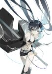  1girl 7tkei absurdres bikini bikini_top_only black_rock_shooter black_rock_shooter_(character) highres holding holding_weapon long_hair shorts simple_background solo swimsuit twintails weapon 