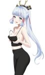  :d bangs black_pants blue_eyes blue_hair blunt_bangs blush breast_hold breast_lift breasts camisole cleavage coro_fae eyebrows_visible_through_hair from_side genshin_impact hair_ornament hair_ribbon highres kamisato_ayaka long_hair looking_at_viewer pants ribbon simple_background small_breasts smile sportswear standing strap_slip sweat very_long_hair white_background 