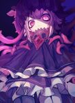  1girl amulet bags_under_eyes black_shawl chain chain_necklace closed_mouth cowboy_shot frilled_shawl frills from_below gem highres ketopon original pink_eyes pink_hair purple_background red_gemstone shawl short_hair sidelocks slit_pupils solo tentacles thighhighs 