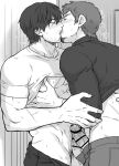  2boys abs adventurer_(ff14) ardbert_(ff14) bangs bar_censor bara blush breath censored clothes_pull couple erection facial_hair feet_out_of_frame final_fantasy final_fantasy_xiv french_kiss goatee greyscale hair_between_eyes highres kiss male_focus male_pubic_hair mature_male monochrome multiple_boys multiple_penises muscular muscular_male nipple_press nipples pants pants_pull penis penises_touching precum pubic_hair saliva scar scar_on_chest short_hair sideburns sweat thick_thighs thighs underpec veins veiny_penis yaoi yomotsuki_road 