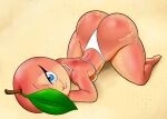  2020 all_fours anthro bedroom_eyes big_butt bikini blue_eyes bottom_heavy breasts butt clothing digital_media_(artwork) elemental_creature elemental_humanoid eyelashes feet female flora_fauna food food_creature food_humanoid fruit fruit_humanoid hair hair_over_eye hi_res huge_butt humanoid leaf leaf_hair living_fruit looking_at_viewer narrowed_eyes one_eye_obstructed orange_body orange_skin peach_(fruit) plant plant_hair plant_humanoid pseudo_hair sand sand_on_butt seductive side_boob simple_background smile solo swimwear tansau thick_thighs toes wide_hips 