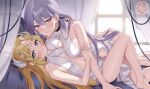  2girls artist_request asymmetrical_docking blonde_hair blush breast_press breasts curtains dogmatika_ecclesia_the_virtuous dogmatika_fleurdelis_the_knighted dress girl_on_top grey_eyes headgear highres incredible_ecclesia_the_virtuous large_breasts long_hair looking_at_viewer multiple_girls on_bed purple_eyes purple_hair sample_watermark second-party_source sweat the_iris_swordsoul white_dress window yu-gi-oh! yuri 