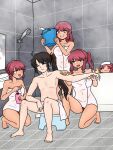  1boy 4girls aprf bangs bathroom bathtub breasts brown_hair bucket bucket_of_water commander_(girls&#039;_frontline) dark-skinned_female dark_skin eyebrows_visible_through_hair girls&#039;_frontline hair_between_eyes highres long_hair mirror multiple_girls naked_towel non-web_source open_mouth ponytail rubber_duck saiga-12_(girls&#039;_frontline) sidelocks smile soap_bottle stool towel towel_on_head yellow_eyes 