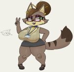  2021 anthro berkthejerk big_breasts breasts canid canine canis clothed clothing duo eyewear female gesture glasses green_eyes lips male mammal solo_focus standing thick_bottom_lip v_sign wolf 