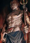  1boy abs arm_tattoo black_nails chest_tattoo collarbone ear_piercing extra_arms extra_eyes extra_mouth facial_tattoo highres holding holding_polearm holding_weapon jujutsu_kaisen looking_at_viewer male_focus muscular muscular_male nail_polish navel nipples pectorals piercing polearm red_hair ryoumen_sukuna_(jujutsu_kaisen) serious short_hair shoulder_tattoo skirt solo spear stomach tattoo tongue tongue_out topless_male weapon woshihedawei 