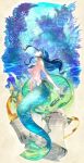  1girl blue_eyes blue_hair blue_scales colored_eyelashes cup fins floating_hair full_body gills head_fins highres long_hair looking_at_viewer mermaid monster_girl original scales sidelocks solo tea teacup teapot waterstaring 