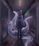  1boy absurdres arknights beret blood blood_on_clothes blood_splatter blue_hair closed_eyes door emergency_exit exit_sign hallway hat highres horror_(theme) kawaii_inu5 male_focus mizuki_(arknights) neon_lights shorts tentacles umbrella 