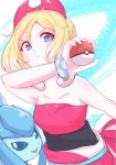  1girl armpits blonde_hair blue_eyes blush bracelet breasts cleavage collarbone eyebrows_visible_through_hair giorgio_(yo_sumire_sola1) glaceon hair_ornament irida_(pokemon) jewelry looking_at_viewer looking_down medium_breasts neck_ring poke_ball poke_ball_(basic) pokemon pokemon_(creature) pokemon_(game) pokemon_legends:_arceus shirt short_hair simple_background solo strapless strapless_shirt tiara upper_body white_background 
