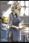  1girl anchor_symbol apron blue_apron breasts brown_hair buttons casserole collared_shirt curry curry_rice day eyebrows_visible_through_hair folded_ponytail food glasses green_eyes hair_between_eyes highres kantai_collection katori_(kancolle) kitchen looking_back meal medium_breasts necktie pantyhose pencil_skirt plate rice rimless_eyewear seitei_(04seitei) shirt skirt sleeves_rolled_up smile solo sunlight twitter_username uniform window 