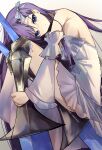  1girl absurdres alternate_costume backless_dress backless_outfit bare_shoulders blue_eyes breasts closed_mouth commentary detached_sleeves dress fate/extra fate/extra_ccc fate/grand_order fate_(series) grey_ribbon hair_ribbon highres hugging_own_legs long_hair meltryllis_(fate) prosthesis prosthetic_leg purple_hair qure_h4 ribbon small_breasts solo strapless strapless_dress white_background white_dress wide_sleeves 