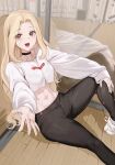  1girl abs absurdres bangs black_pants blonde_hair blush breasts brown_eyes eyebrows_visible_through_hair glass glass_wall highres jin_rou leggings long_sleeves midriff navel open_mouth original outstretched_hand pants shirt sitting stomach sweat white_shirt wooden_floor 
