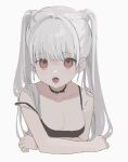  1girl 33bun3 absurdres bare_shoulders black_choker breasts choker cleavage collarbone grey_background grey_hair highres long_hair lower_teeth open_mouth original red_eyes simple_background solo teeth tongue twintails upper_body uvula 