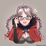  1girl absurdres adjusting_eyewear ahoge blue_eyes braid breasts bridal_gauntlets capelet choker cleavage coke-bottle_glasses commission commissioner_upload fire_emblem fire_emblem_fates fire_emblem_heroes glasses grey_hair hairband highres hood hooded_capelet long_hair looking_at_viewer ly_art01 medium_breasts nina_(fire_emblem) open_mouth red_hood startled surprised twin_braids upper_body 