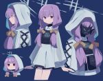  1girl absurdres atsuko_(blue_archive) belt_pouch blue_archive blue_background bow braid from_side hair_bow halo highres hood low_twin_braids mask multiple_views no_mouth pouch purple_eyes purple_hair simple_background solo twin_braids uhouhogorigori yellow_bow 