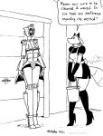  anthro breasts canid canine clothed clothing dialogue duo english_text female fox garage_door hi_res high_heels machine maid_uniform mammal outside robot robota_(tegerio) tegerio text uniform 