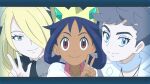  3girls anime_screencap bangs black_collar blonde_hair blue_eyes brown_eyes closed_mouth collar collarbone commentary_request cynthia_(pokemon) dark-skinned_female dark_skin diantha_(pokemon) eyelashes eyeshadow fur_collar grey_eyes hair_over_one_eye hair_rings hand_up highres iris_(pokemon) letterboxed long_hair looking_at_viewer makeup multiple_girls official_art pokemon pokemon_(anime) pokemon_journeys selfie shirt short_hair smile split_mouth tiara v w white_shirt 