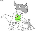  anthro armor bandai_namco blind cane clothing digimon digimon_(species) dinosaur duo greymon hand_holding headgear helmet human humor male mammal nostrem reptile scalie service_animal size_difference topwear vest 