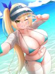  1girl absurdres aqua_bikini balut_(7676i) bangs bikini blonde_hair blue_sky blush breasts commentary_request day eyebrows_visible_through_hair green_eyes grin hair_between_eyes hair_ribbon highres holding holding_phone horizon large_breasts looking_at_viewer navel ocean one_eye_closed original outdoors outstretched_arm phone ponytail ribbon selfie shirt side-tie_bikini sky smile solo standing stomach swimsuit thighhighs v visor_cap white_legwear white_shirt 