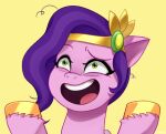  equid equine female green_eyes hair hasbro headpiece hi_res hooves laugh loose_hair mammal marenlicious messy_hair mlp_g5 my_little_pony open_mouth open_smile pegasus pipp_petals_(mlp) purple_hair simple_background smile teeth tongue wings yellow_background 