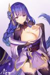  1girl aile_(crossroads) bangs blush braid breasts bridal_gauntlets cleavage eyebrows_visible_through_hair flower genshin_impact hair_ornament highres holding japanese_clothes kimono large_breasts long_hair looking_at_viewer obi purple_eyes purple_flower purple_hair raiden_shogun sash solo tassel thighhighs 