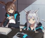  1other 2girls :3 ? ambiguous_gender amiya_(arknights) animal_ears arknights ascot black_gloves black_jacket blue_ascot blue_collar blue_eyes blush brown_hair cat_ears cat_girl cat_tail collar desk fingerless_gloves gloves green_eyes grey_hair hair_between_eyes highres holding holding_paper indoors jacket jewelry long_hair long_sleeves motion_lines mouse_(computer) multiple_girls multiple_rings neck_ring oripathy_lesion_(arknights) out_of_frame paper paper_stack parted_lips rabbit_ears rabbit_girl ring rosmontis_(arknights) shironekoban slit_pupils tail 