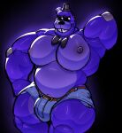  alva_nsfw animatronic belt belt_buckle black_background bottomwear bow_tie bulge clothing cutoffs denim denim_clothing five_nights_at_freddy&#039;s five_nights_at_freddy&#039;s_2 hat headgear headwear hi_res machine male mammal metal metallic_body nipples purple_body raised_arm robot scottgames shadow_freddy_(fnaf) shorts simple_background solo spotlight top_hat ursid video_games white_eyes 