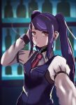  1girl alcohol bar bartender bottle cigarette counter gwylljun highres jill_stingray liquor looking_at_viewer necktie purple_hair red_eyes selfie smoke smoking solo solo_focus va-11_hall-a vest wine wine_bottle 