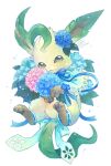  :3 blue_ribbon closed_mouth commentary_request flower green_eyes hydrangea leafeon looking_at_viewer no_humans paro_(sorageshiki) pokemon pokemon_(creature) ribbon smile solo white_background 