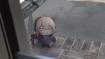  1girl :3 absurdres black_gloves black_jacket blonde_hair blush_stickers chibi eyebrows_visible_through_hair girls&#039;_frontline gloves headgear highres holding holding_knife jacket knife long_hair looking_at_viewer losk m4_sopmod_ii_jr meme o_o photo-referenced photo_background red_hair solo 