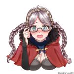  1girl absurdres adjusting_eyewear ahoge blue_eyes braid breasts bridal_gauntlets capelet choker cleavage coke-bottle_glasses commission commissioner_upload fire_emblem fire_emblem_fates fire_emblem_heroes glasses grey_hair hairband highres hood hooded_capelet long_hair looking_at_viewer ly_art01 medium_breasts nina_(fire_emblem) non-web_source open_mouth red_hood startled surprised transparent_background twin_braids upper_body 