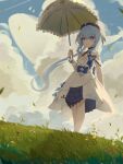  1girl ahoge bangs bare_shoulders beret blue_hair blue_sky cloud cloudy_sky dress grass griseo hat highres holding holding_umbrella honkai_(series) honkai_impact_3rd long_hair looking_at_viewer open_mouth outdoors purple_eyes short_sleeves sky solo standing twintails umbrella weeiskaw white_dress 
