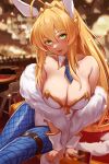  1girl absurdres ahoge artoria_pendragon_(fate) artoria_pendragon_(swimsuit_ruler)_(fate) bare_shoulders between_fingers blue_legwear blurry blurry_background blush breasts card casino chair collarbone detached_collar fate/grand_order fate_(series) feather_boa gold_trim green_eyes highres holding holding_card large_breasts leaning_to_the_side leotard long_hair looking_at_viewer necktie on_table pantyhose parted_lips playboy_bunny ponytail short_necktie sidelocks sitting solo table thigh_strap white_leotard wrist_cuffs yoshimoto_(carpsukidayo) 