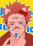  1boy animal_ears bandaid bandaid_on_face bandaid_on_nose black_nails bow candy cat_ears commentary_request extra_eyes facial_tattoo food hair_bow hello_kitty hello_kitty_(character) highres holding holding_candy holding_food holding_lollipop hood hoodie j_haann jujutsu_kaisen lollipop looking_at_viewer male_focus parted_lips pink_hair red_eyes red_hoodie ryoumen_sukuna_(jujutsu_kaisen) sanrio short_hair sticker sticker_on_face tattoo undercut 