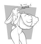  anthro areola begging big_breasts breasts disney english_text exclamation_point eyes_closed female freckles_(artist) hi_res holding_breast huge_breasts hyper hyper_breasts judy_hopps lagomorph leporid mammal monochrome navel nipples nude open_mouth rabbit solo text tongue towel zootopia 