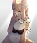  1girl absurdres animal_ears animal_nose black_bra blonde_hair blush bottomless bra breasts commentary_request eyebrows_visible_through_hair eyewear_removed furry furry_female glasses gradient gradient_background grey_background highres holding holding_eyewear korean_commentary large_breasts long_hair looking_at_viewer navel one_eye_closed original round_eyewear snout solo strap_slip tail underwear whooo-ya yellow_eyes 