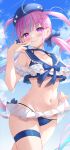  1girl absurdres ahoge bikini bikini_skirt blue_bikini blue_choker blue_headwear blue_sky blush bow braid breasts choker cleavage cloud cloudy_sky collarbone cowboy_shot finger_to_mouth frilled_bikini frilled_skirt frills hair_bow highres hololive keikei_(kitty_colors) long_hair looking_at_viewer minato_aqua multicolored_hair nail_polish navel off_shoulder pink_hair purple_eyes sidelocks skindentation skirt skirt_hold sky small_breasts smile solo stomach streaked_hair swimsuit thigh_strap thighs twintails virtual_youtuber wet white_skirt 