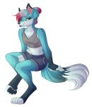  2019 absurd_res alpha_channel amazing-artsong anthro blue_body blue_fur blue_tongue blush bottomwear breasts button_(fastener) canid canine cleavage clothed clothing dipstick_ears dipstick_tail female fox fur green_eyes grey_clothing grey_shirt grey_tank_top grey_topwear hair hi_res mammal markings midriff multicolored_ears navel red_hair shirt shorts simple_background solo tail_markings tank_top tongue tongue_out topwear transparent_background vix_(lil-fox-prince) 