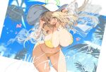 1girl aircraft bikini blonde_hair blue_archive blush breasts cleavage collarbone dated fbc green_eyes halo hat helicopter huge_breasts leaning_forward long_hair looking_at_viewer navel nonomi_(blue_archive) official_alternate_costume open_mouth outdoors outside_border side-tie_bikini solo sun_hat swimsuit wind yellow_bikini 